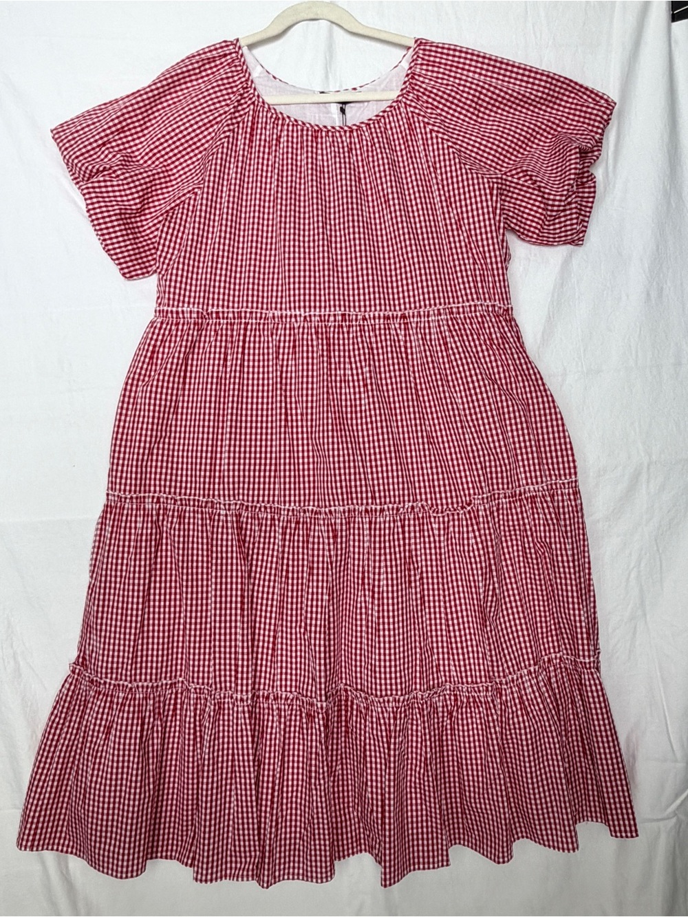 Mikarose Pink Linen-Blend Midi Dress with Red Gingham Trim